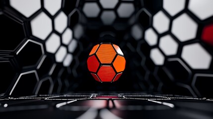 Orange geometric sphere in hexagonal tunnel