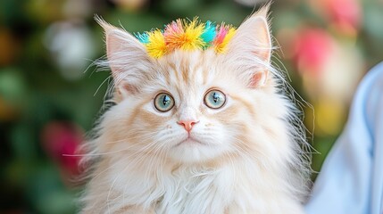 Fluffy kitten wearing a colorful crown, Christmas background