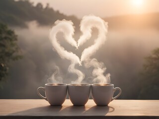A cozy morning scene with two coffee cups side by side, steam rising into a heart shape against a softly blurred background.
