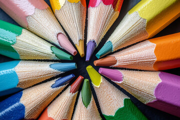 vibrant arrangement of sharpened colored pencils forming circular pattern, showcasing their vivid hues and fine details