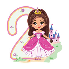 Cute princess with beautiful eyes in a pink dress and number 2 on white background. Happy Birthday concept. For Greeting Card or Invitation. Vector illustration in flat cartoon style