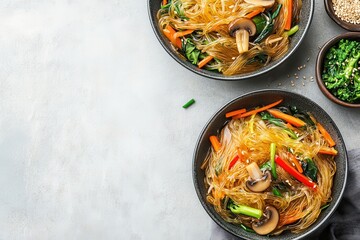 Two servings of japchae Korean glass noodles stir fried with veggies and mushrooms blank area