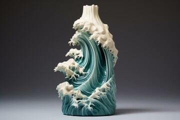 Fototapeta premium Studio shot of a beautiful ceramic vase in the shape of a stylized ocean wave, showcasing craftsmanship and artistic design