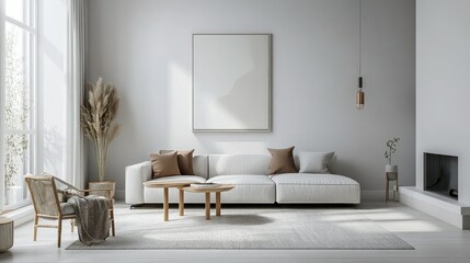 Modern minimalist living room with white sofa and wooden accents