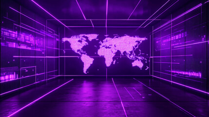 Holographic world map in neon purple light in a dark futuristic room with digital data streams