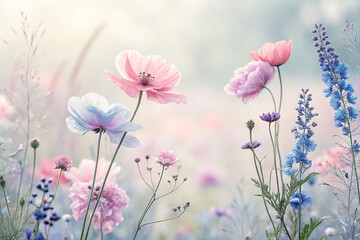 Obraz premium Soft pastel wildflowers in a dreamy meadow.