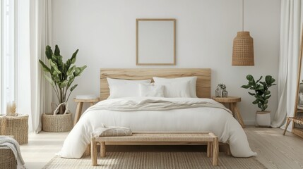 Cozy scandinavian bedroom with wooden accents and green plants