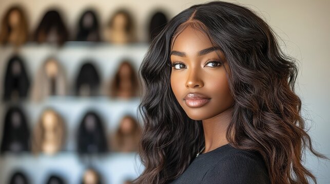 Stylish African American Woman Wearing Wavy Wig in Front of a Vibrant Display of Beautiful Wigs in a Luxurious Boutique Setting for Fashion and Beauty Advertisements