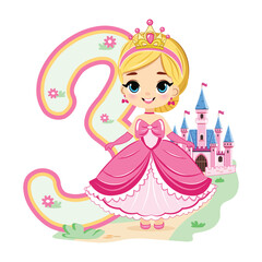 Cute princess with beautiful eyes in a pink dress and number 3 on white background. Happy Birthday concept. For Greeting Card or Invitation. Vector illustration in flat cartoon style