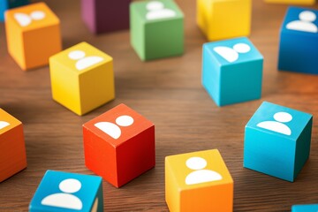 Vibrant blocks with people icons on wooden table human resources management concept