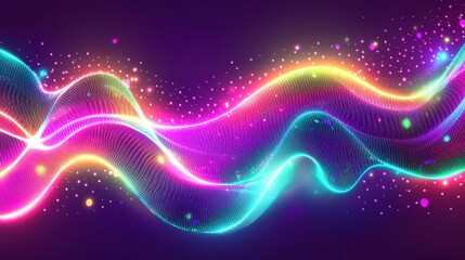 Fototapeta premium Swirling lines of vivid colors create a dynamic wave pattern with sparkling elements against a dark background, offering inspiration for digital art and design