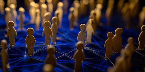 Fototapeta premium Wooden Figures on Blue Network Diagram