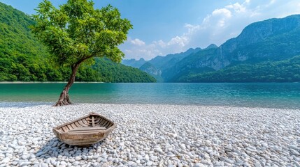 Serene lake, wooden boat on pebble beach, mountain backdrop, idyllic summer scene; ideal for travel brochures