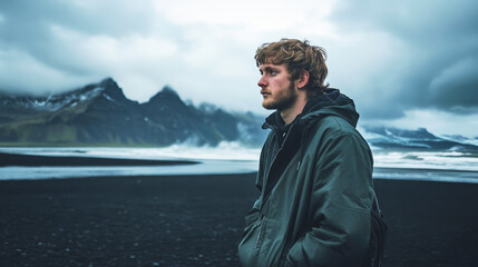 Backpacker exploring the vast landscapes of Iceland with black sand beaches and glaciers