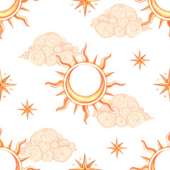 Seamless golden watercolor pattern of celestial elements: an eight-pointed star, sun, moon, and clouds on white. Ideal for textiles, gift wrap, stationery, and decor.