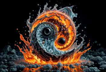 A three-dimensional photorealistic yin yang symbol in which one of the symbols is a blister of hot magma bursting from the bowels of the earth, and the other circle is a sphere of ice  - generated by
