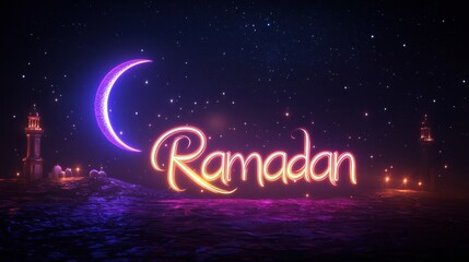 Celebrations for Ramadan are depicted with vibrant lights illuminating a mosque and a crescent moon set against a dark night sky. The atmosphere reflects joy and spirituality during the holy month