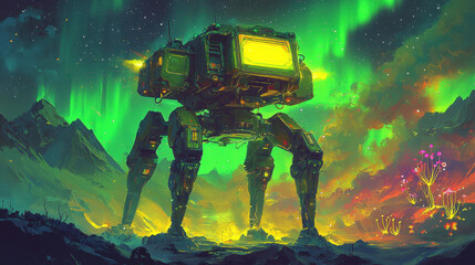 A large mech stands tall against a stunning backdrop of green and purple auroras in an otherworldly terrain. Unusual plants glow, illuminating the alien world