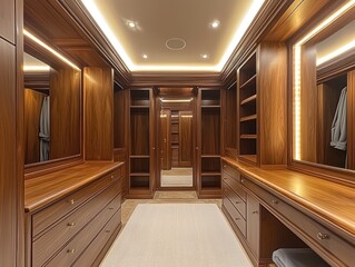 A modern dressing room featuring sleek wooden cabinets with refined interior design