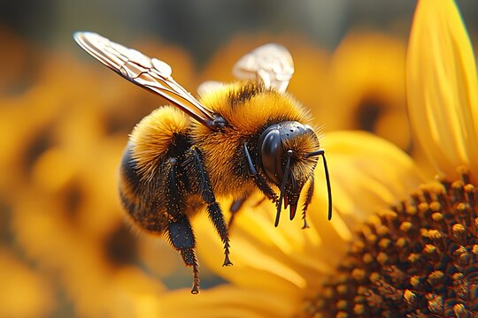 Artistic rendering a bumblebee hovering near a sunflower, its tiny wings vibrating rapidly
