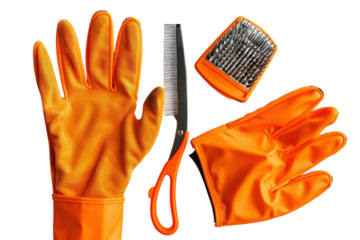 Bright orange cleaning gloves, scissors, and a comb arranged neatly on a simple backdrop for domestic tasks and grooming isolated on transparent background