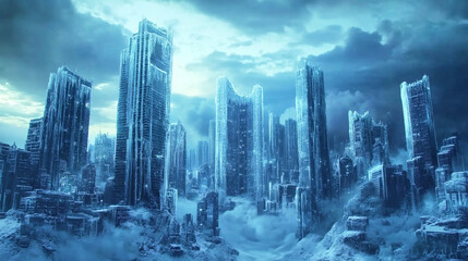 Frozen futuristic metropolis adorned in ice and snow during the Ice Age under a dramatic sky