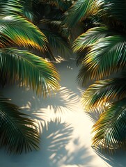 Fototapeta premium A background of sunny tropical palm leaves casting shadows on white sand.