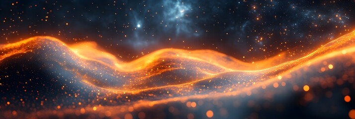 A background of swirling, digital particles forming a vortex of light.