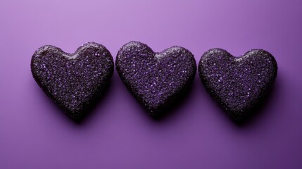 Fototapeta premium Three Sparkling Purple Hearts: A Sweet and Romantic Dessert Design