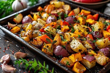 Autumn winter root vegetables roasted with garlic and herbs on baking tray