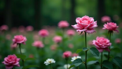 Shallow pink rose blooms in a bed of white valerian amidst a dark forest background, wildflowers, pink roses