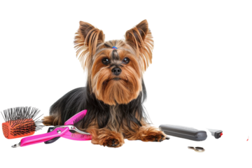 A stylish Yorkshire Terrier surrounded by grooming tools in a bright, modern setting showcasing canine care and creativity isolated on transparent background