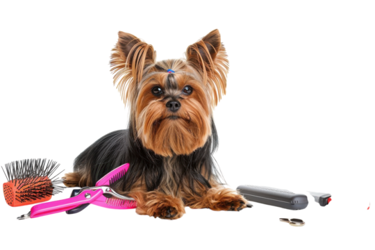 A stylish Yorkshire Terrier surrounded by grooming tools in a bright, modern setting showcasing canine care and creativity isolated on transparent background
