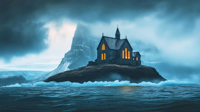 Gothic castle on a glacier with thunderous ocean backdrop at twilight - Powered by Adobe