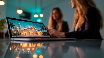 Real estate agents discuss luxury home design on laptop