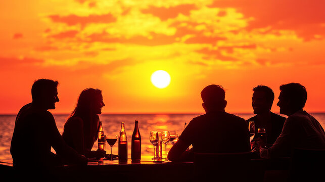 Friends savoring drinks on a yacht against a stunning sunset over the tranquil sea