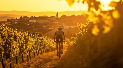 Fototapeta premium Cyclist rides through vineyards at sunset near a village with terracotta roofs