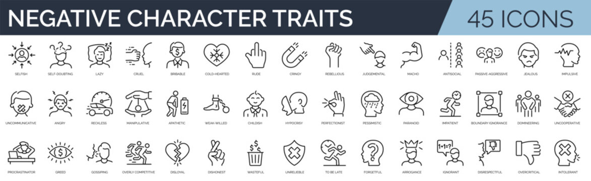 Set of 45 outline icons related to Negative traits of character.  Linear icon collection. Editable stroke. Vector illustration	