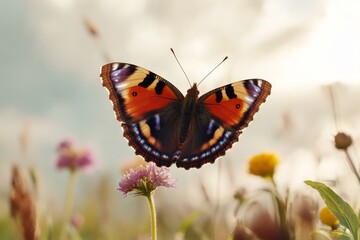 A vibrant butterfly with striking colors gently settles on a blooming flower in a lively spring meadow. The scene captures the essence of nature&rsquo;s beauty during the season of renewal