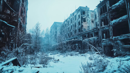 Frozen ruins of a forgotten city in a post-apocalyptic Ice Age landscape