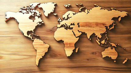 Realistic wooden world map design showcasing interconnected puzzle pieces in warm tones