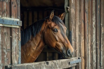 Bay Connemara pony peeks out of pen with curious expression