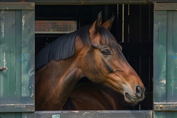Obraz premium Bay horse s head in sunny stall