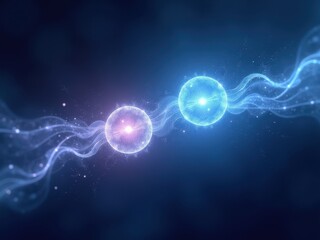 Visualization of quantum entanglement illustrating the connection between two entangled particles in a cosmic setting with glowing waves