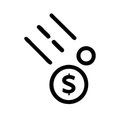 Black outline icon of several coins with dollar signs seemingly falling or moving for financial blogs, investment sites and cash flow concepts.