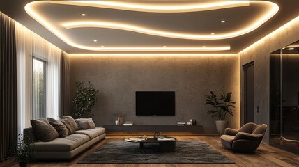 A sleek decorative ceiling with integrated LED strip lighting casting soft, modern illumination