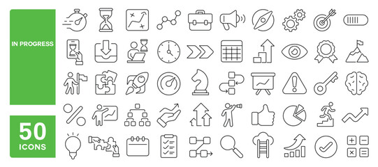 Set of 50 line icons related to in progress, workflow, loading, process, efficiency, time, path, plan, steps, achieve, Editable stroke. Vector illustration