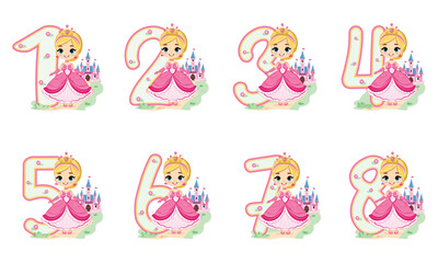 Set of numbers with cute princess girl in pink dress on white background. Happy Birthday concept. Vector illustration in flat cartoon style