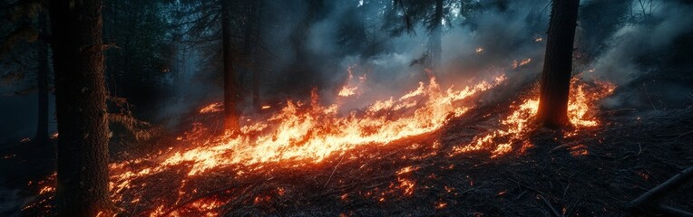 Fototapeta premium Flames dance across the forest floor during a controlled burn aimed at ecological restoration. Smoke rises among tree trunks as the fire consumes dry vegetation and debris