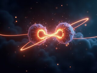 Obraz premium Visualization of quantum entanglement showing two particles interconnected through a glowing infinity symbol against a dark cosmic background